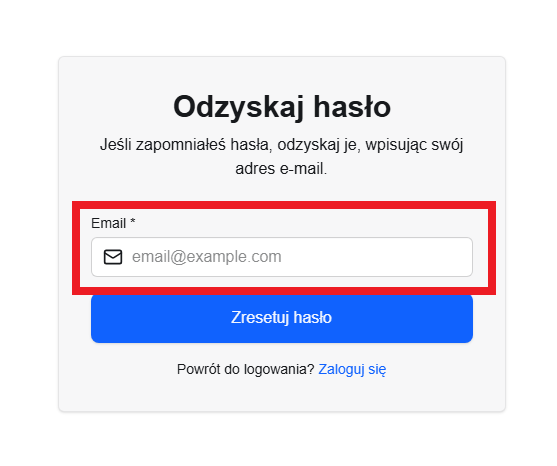 Formularz odzyskiwania hasła z wpisanym adresem e-mail